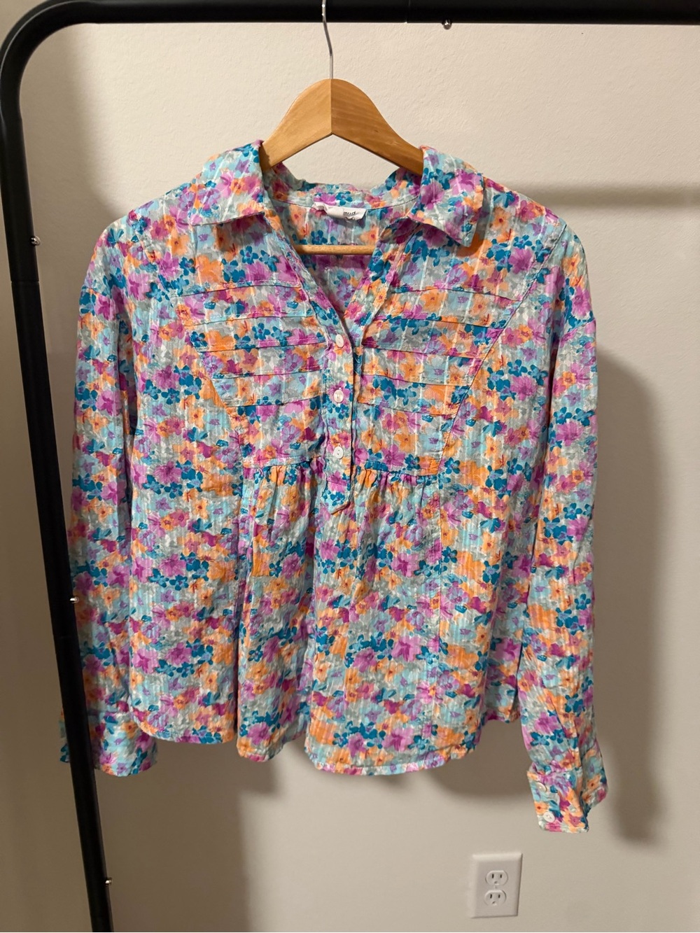 Westbound Petites PM 100% Cotton Floral Pintuck Button Front Blouse Top